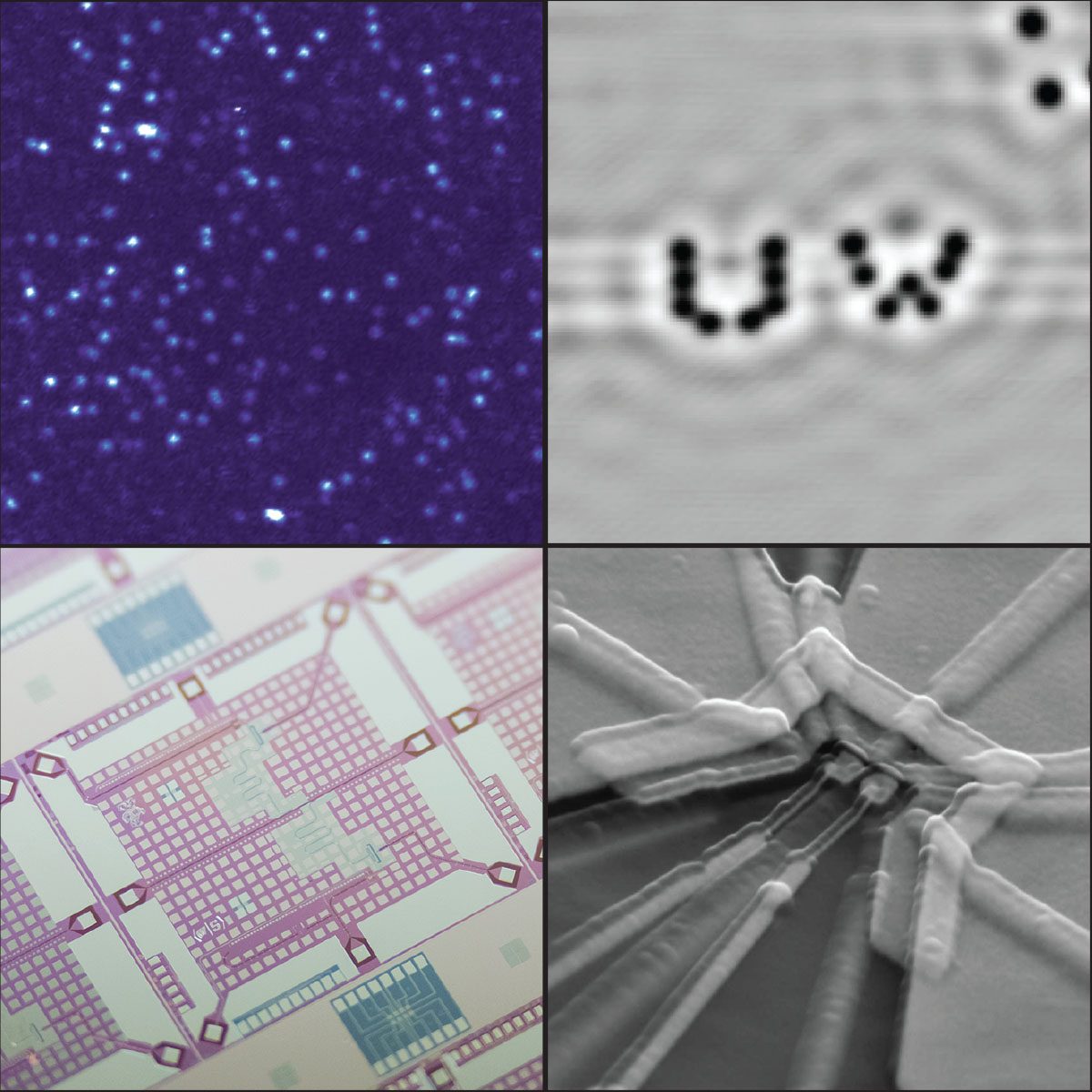 four panels of images showing quantum sensors and qubits used in the lab and to develop quantum computers