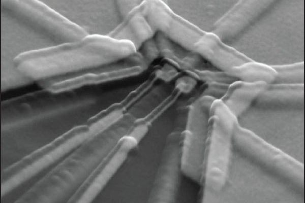 a grayscale image of a scanning electron micrograph of one of the double quantum dot qubits