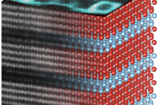 layers of red and blue atoms, represented as spheres, make up a cubic-shaped diagram of the quantum material