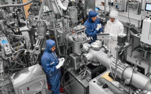 people in clean suits in a computer and electronics room