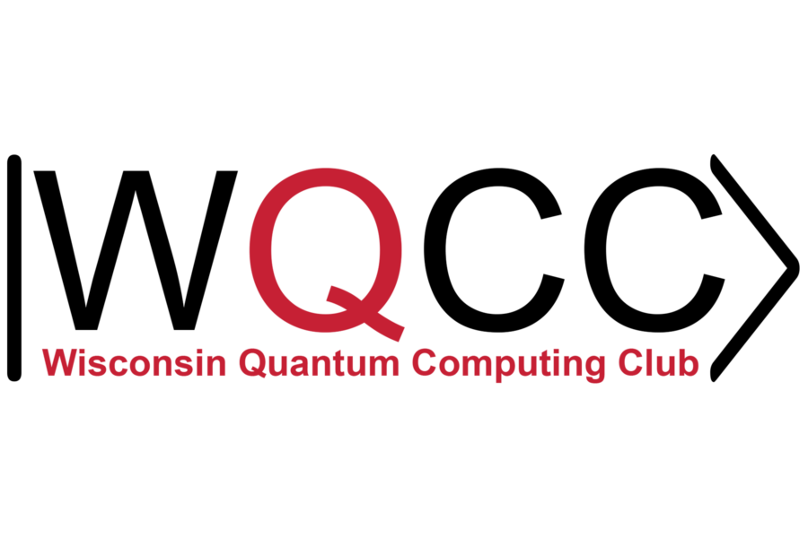 logo for WQCC. Has a vertical black bar on the left, says over two lines "WQCC" and "Wisconsin quantum computing club," and has a right arrow bracket on the right.